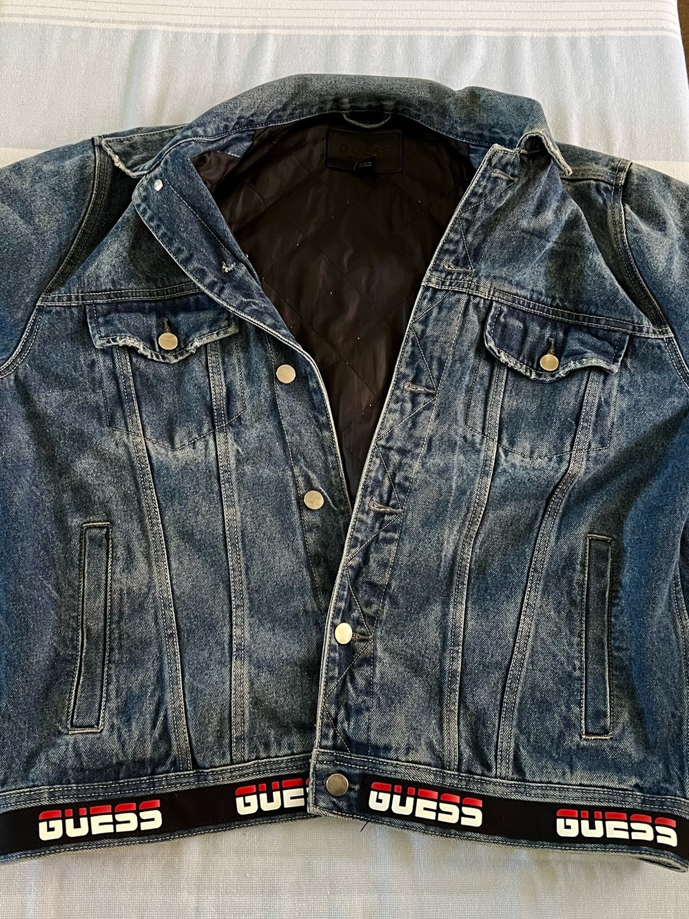 GUESS Dark Blue Denim Jacket with Branded Hem Tape - Picture 3 of 5